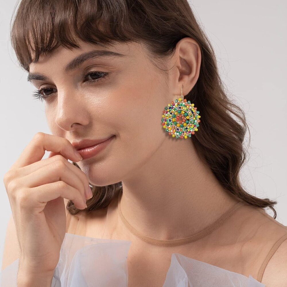 🆕 Women Yellow Summer Beaded Earrings Crystals Glass Dangle Drop Bohemia Lover - Picture 5 of 7